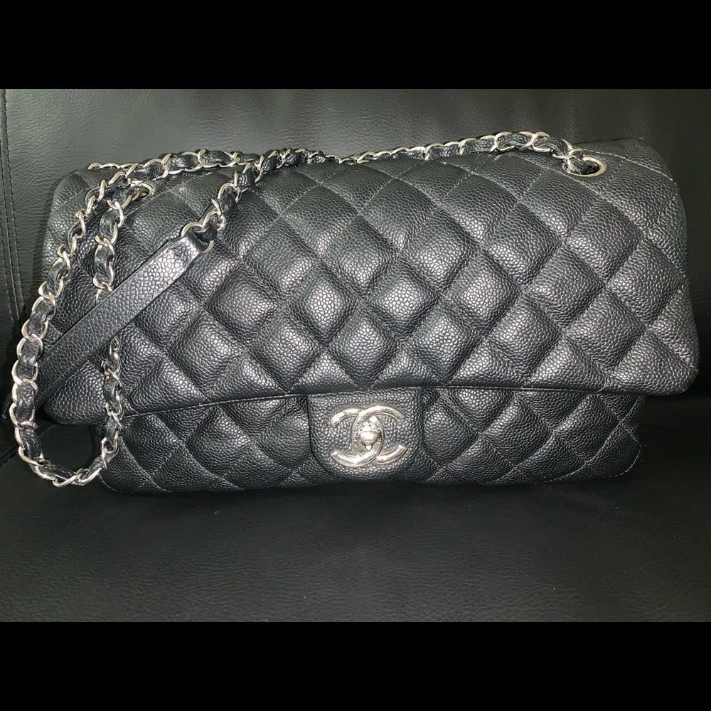 Black Chanel Easy Caviar Flap Jumbo silver chain